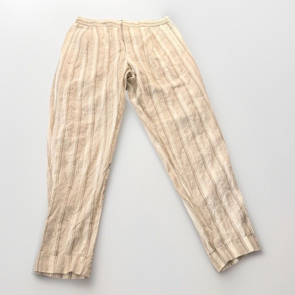 REISS Striped Linen Trousers Size 32 Made In Portugal Beige “Mist” Cuffed Pants